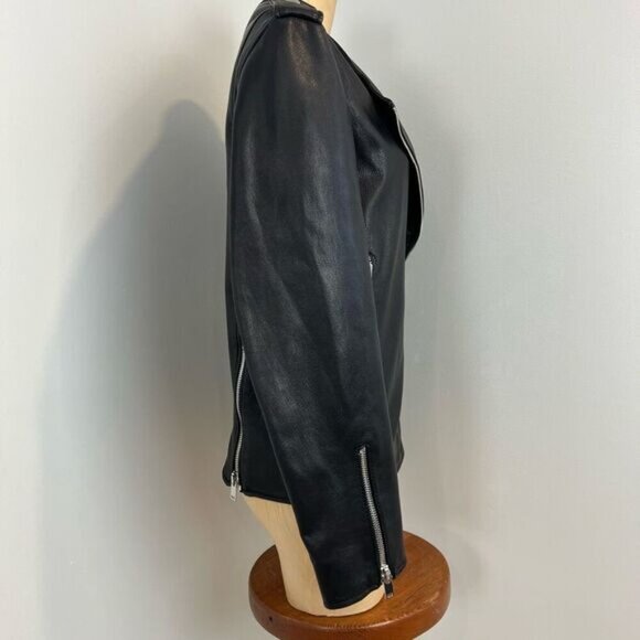 Zara Studio Women’s XS/S Black Goat Leather Motorcycle Jacket Oversized Rock - Picture 5 of 16
